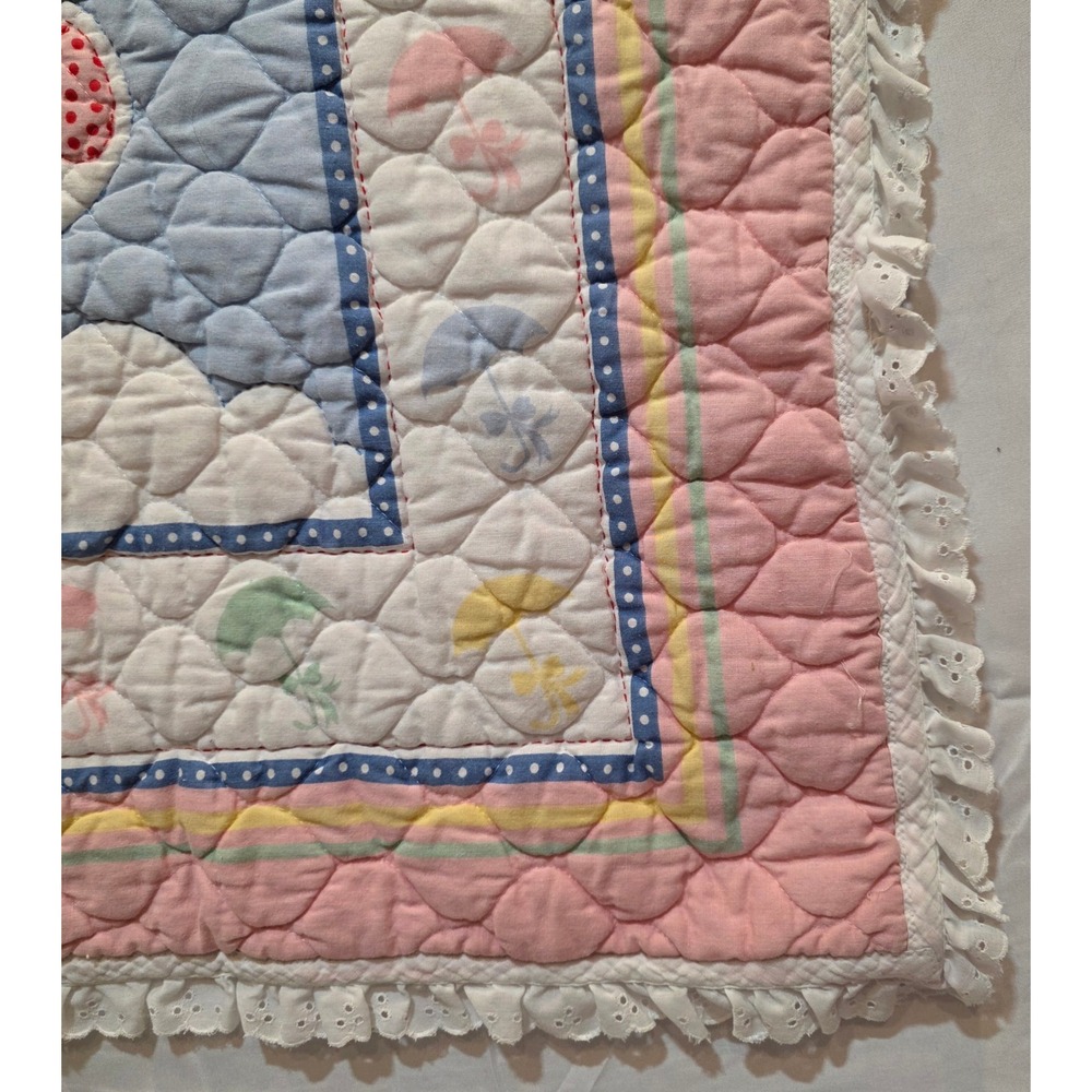 Vintage Teddy Bear Umbrella Quilt Pastel Pink Blue Eyelet Lace Baby Blanket - Picture 3 of 6